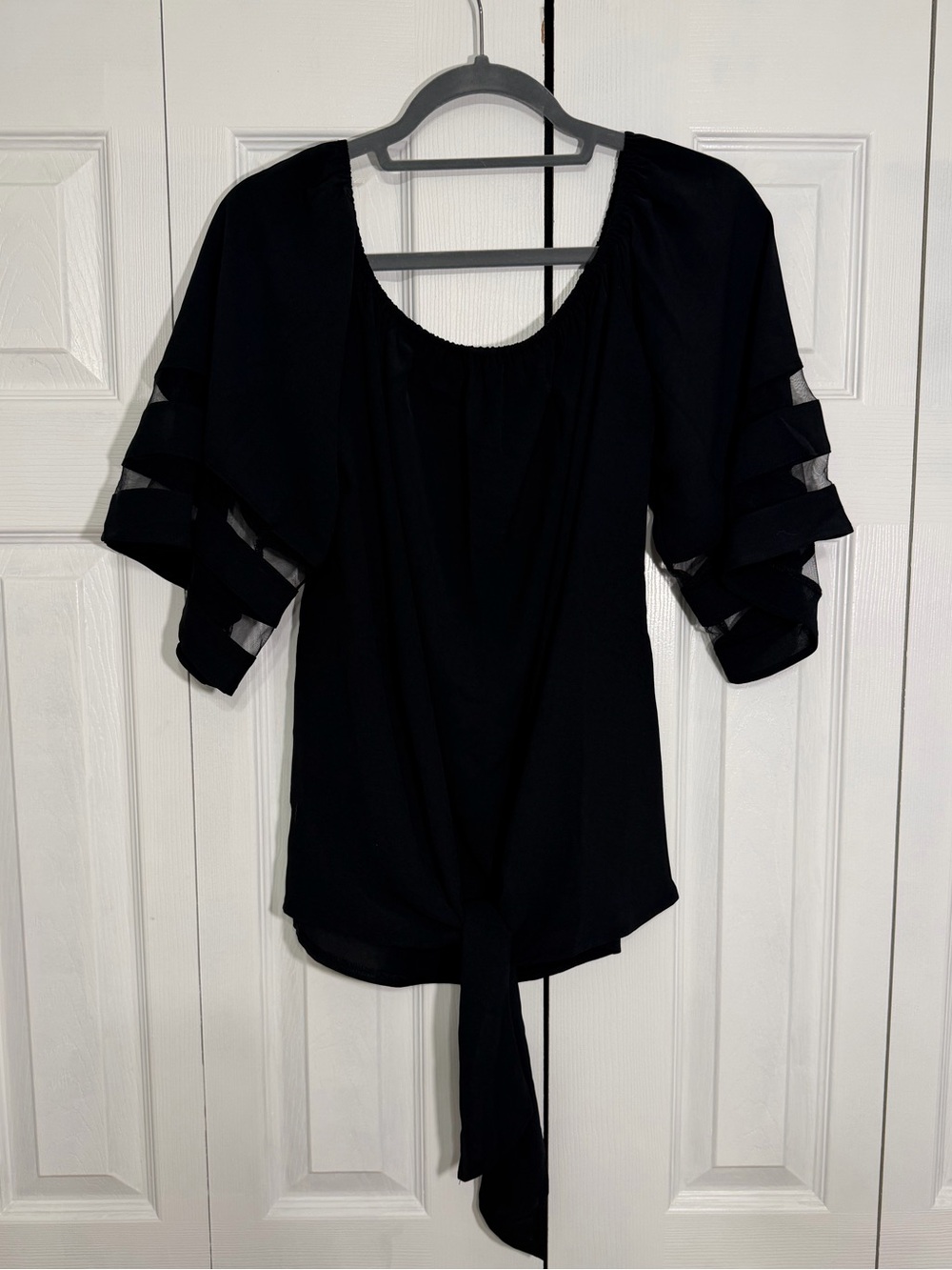 Off The Shoulder Top 3/4 Bell Sleeve Mesh Tie Knot Shirt Blouse - Black XL